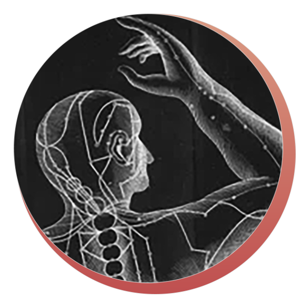 A black and white illustration of a human outline with exposed muscles and nerves, with an artistic depiction of a woman's face and a raised arm in a modern, abstract style.