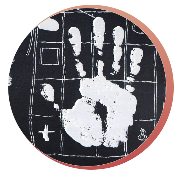 White handprint with a plus sign and gender symbol on a black background, outlined with a grid pattern.