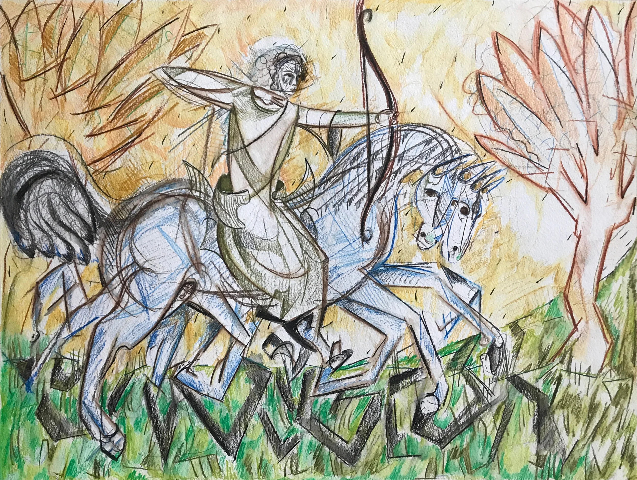A colorful sketch of a warrior on horseback holding a bow and arrow, with a background of grass and trees in shades of yellow, green, and brown.