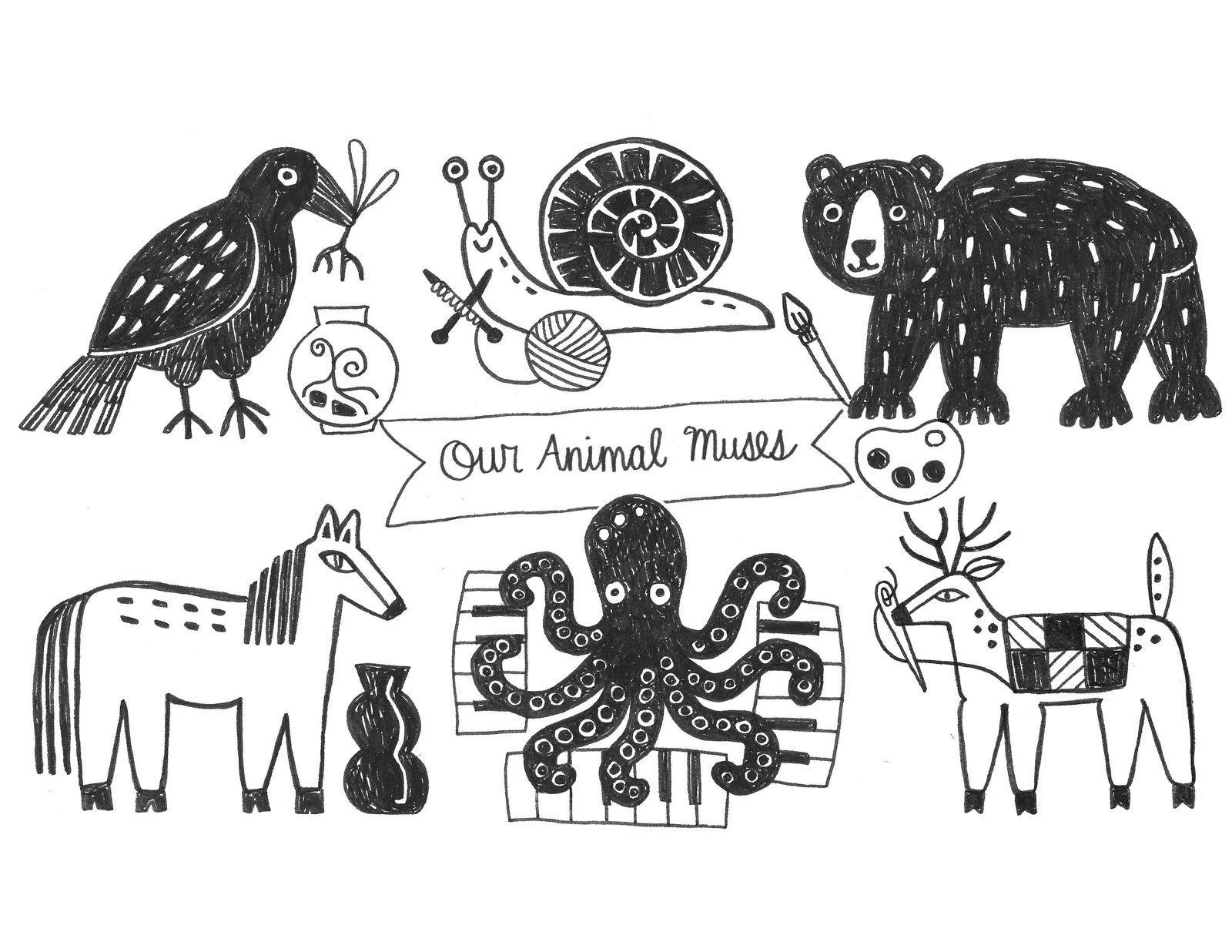 Black and white drawing of various animals including a bird, snail, bear, horse, octopus, reindeer, and a mouse holding a paintbrush with a banner reading 'Our Animal Muses' in the center.