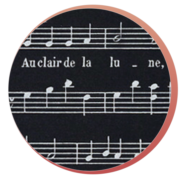Close-up of a sheet of music with musical notes and French lyrics, 'Au clair de la lune'.