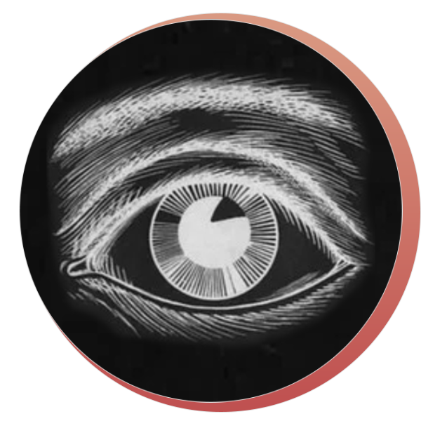 A black and white illustration of an eye with a circular, segmented pattern in the iris.
