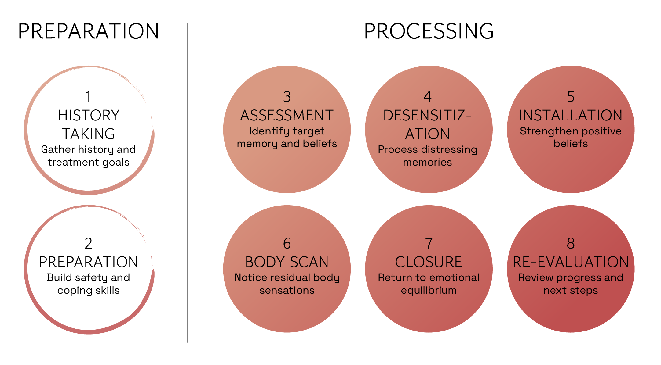 Flowchart with steps for a process, divided into two categories: Preparation and Processing. Preparation includes History Taking and Preparation, while Processing includes Assessment, Desensitization, Body Scan, Closure, and Re-Evaluation, each with a brief description.