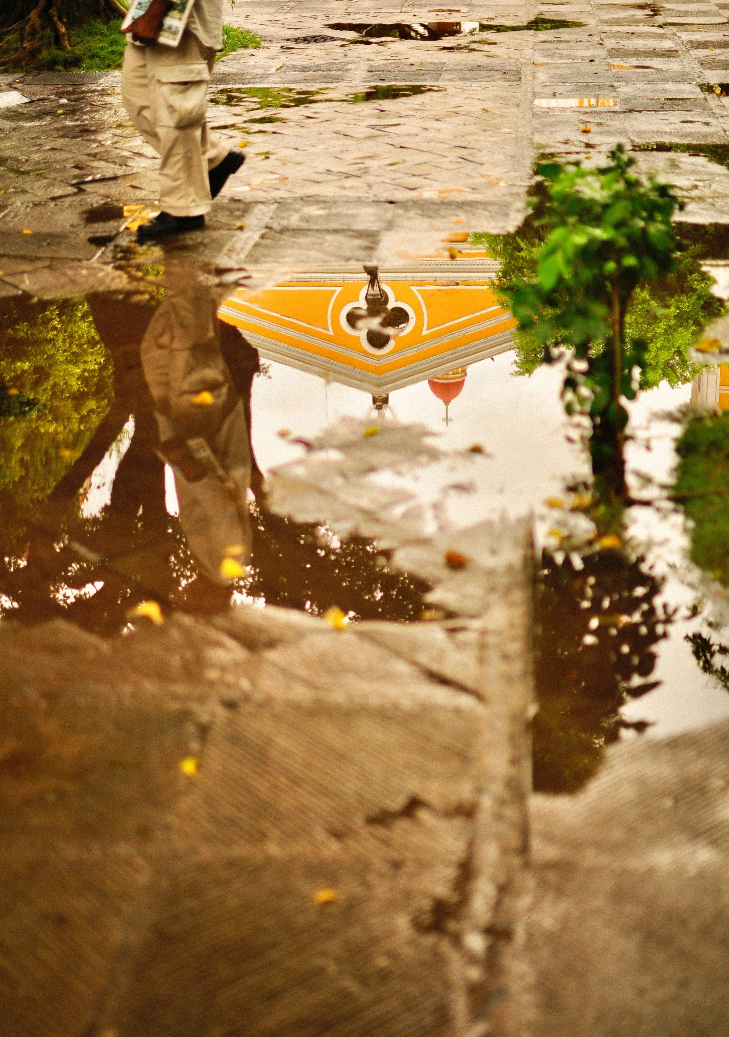 Reflection of a person walking on a wet cobblestone path, with a yellow building and green trees reflected in a puddle.