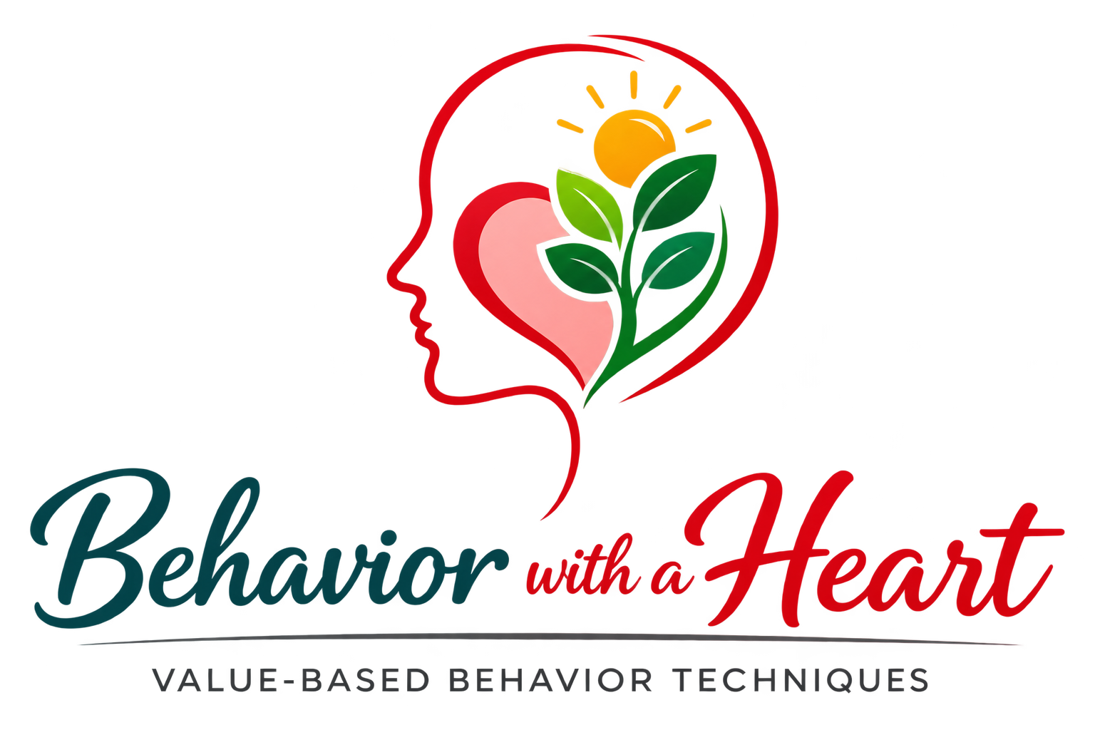 Logo profile of a human head. Plant, heart, and sun grow inside. Text below logo reads 'Behavior with a Heart, smaller text reads 'Value Based Behavior Techniques'.