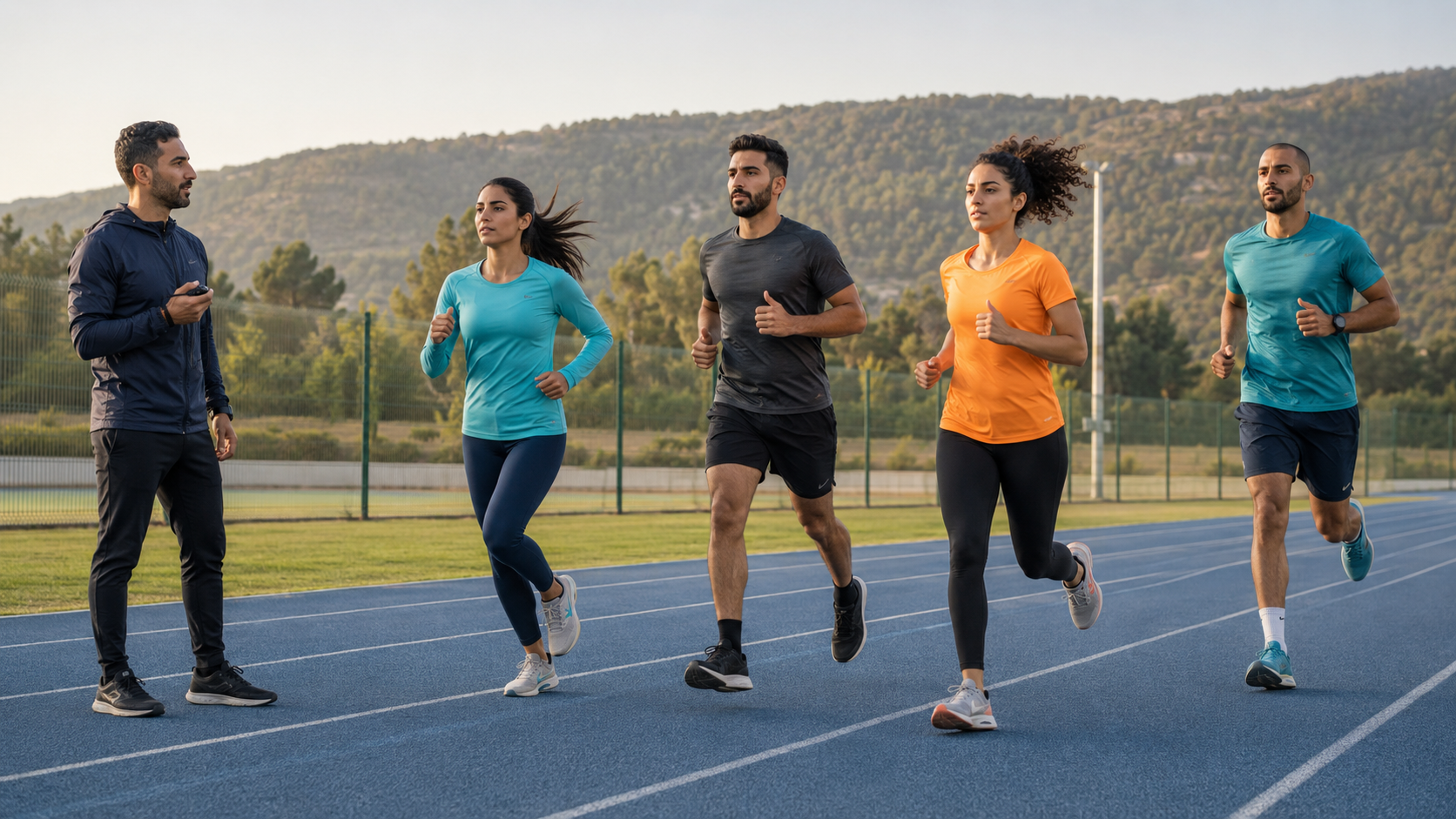 Group of five diverse runners jogging on a blue outdoor track, led by a coach or trainer holding a stopwatch, with green trees and rolling hills in the background.