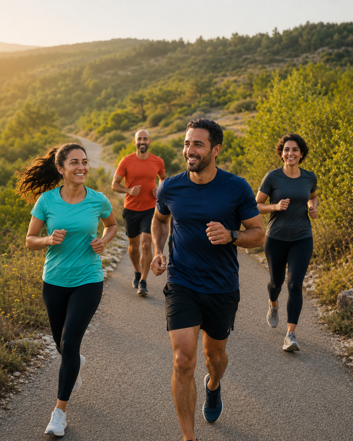 Four people running along a trail in a scenic outdoor setting with green hills and trees, during sunset.
