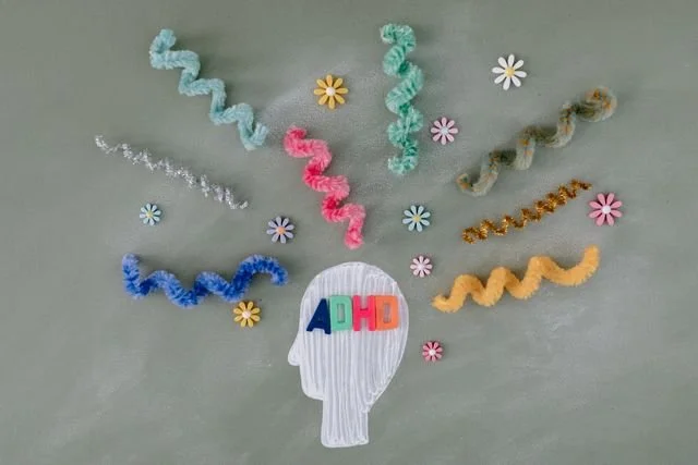A drawing of a brain and ADHD with swirls from it