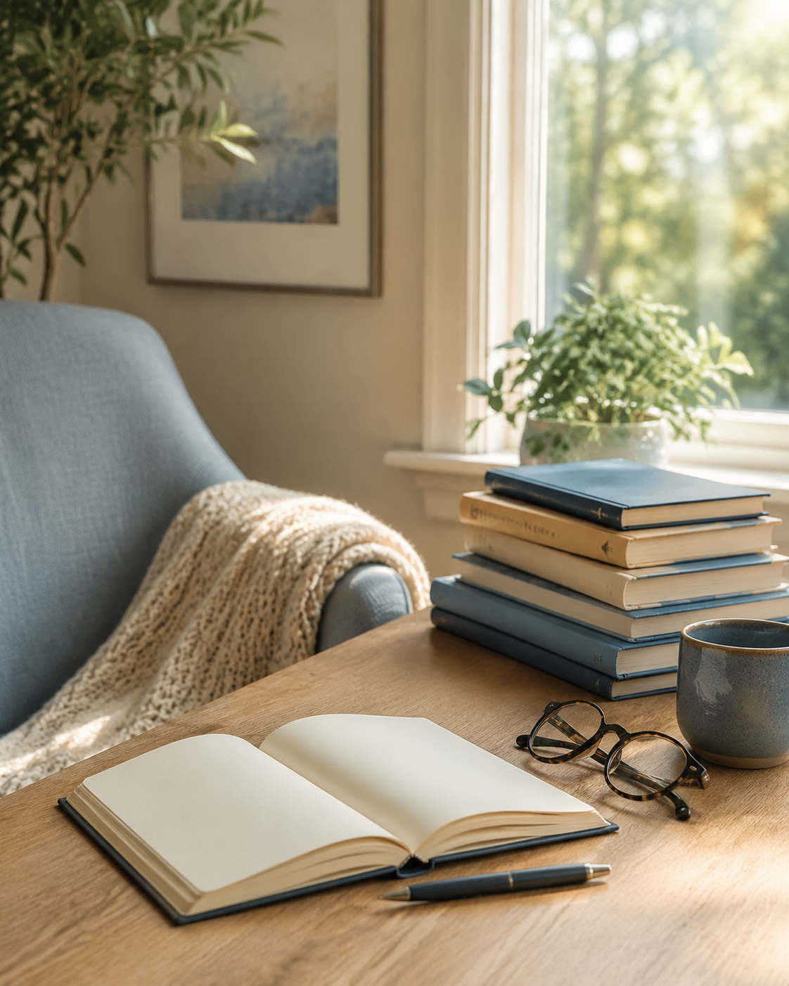 A cozy workspace with a wooden desk, an open blank notebook, a pen, a pair of glasses, a stack of blue and beige books, a gray mug, a potted plant, and a window with sunlight streaming in.