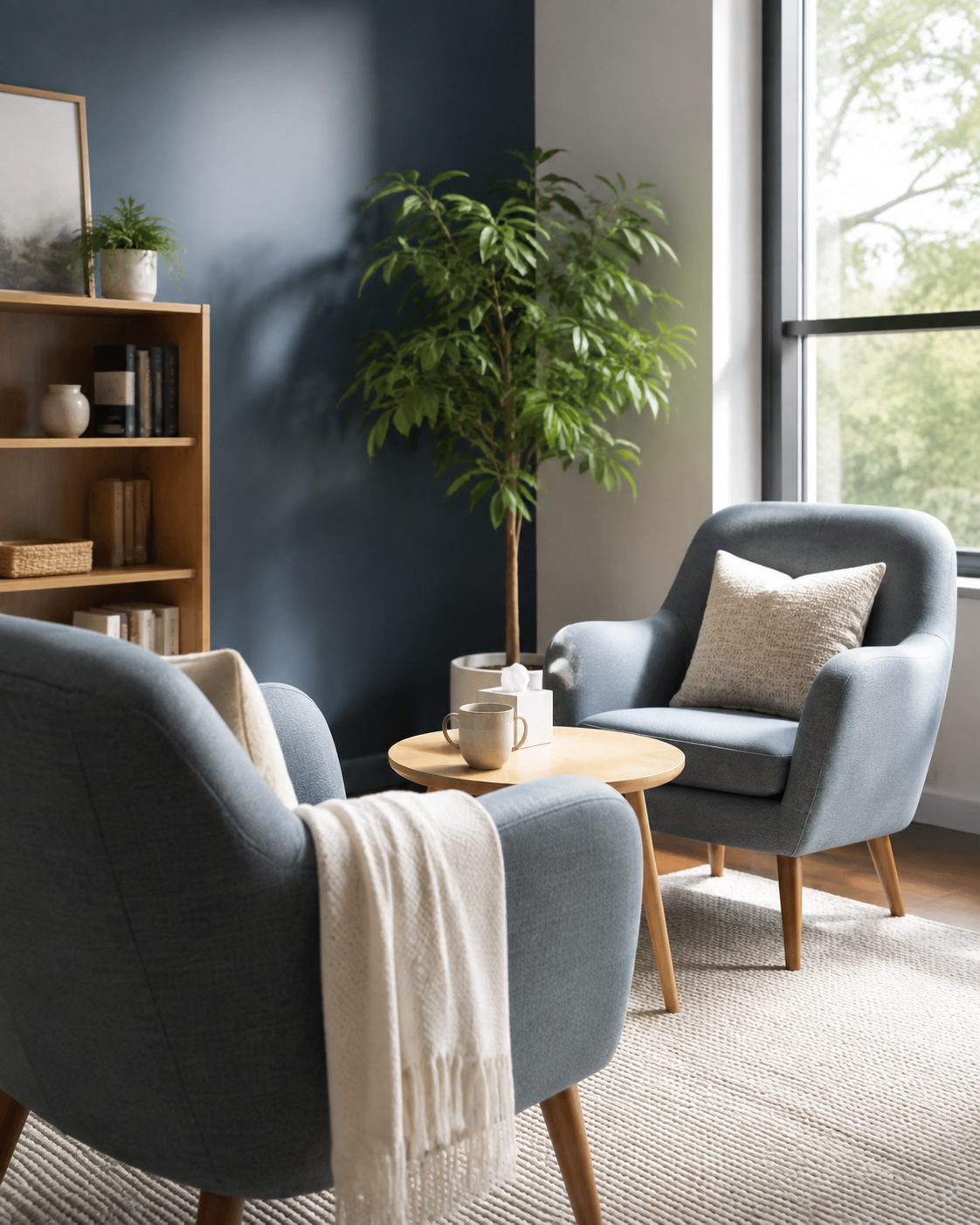 Cozy living room with two blue armchairs, a round wooden coffee table, large window, green potted plant, bookshelf, and decorative items.