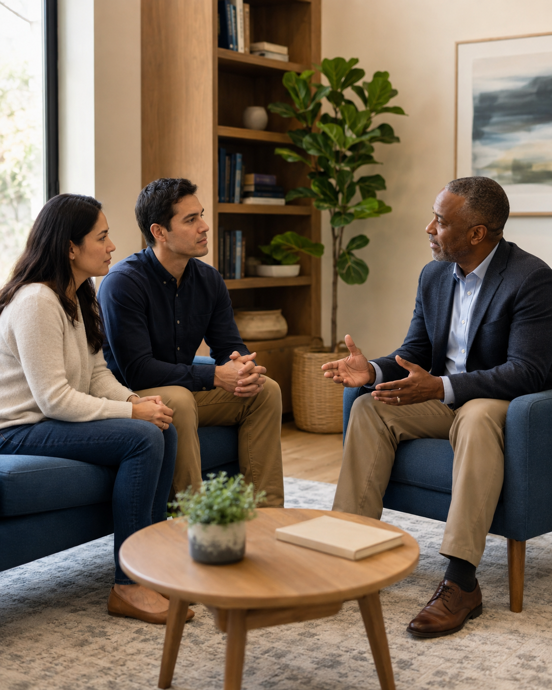 A man in a dark blazer and light shirt is talking to a couple, a woman in a beige sweater and a man in a navy shirt, during a therapy or counseling session in a cozy living room with a bookshelf, houseplant, and abstract artwork.