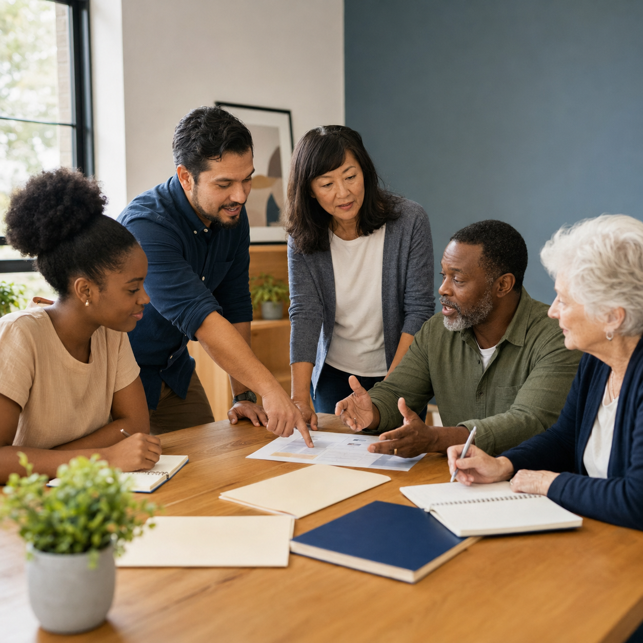 Five diverse people engaged in a discussion around a wooden table in a meeting room, with papers, notebooks, and a potted plant, demonstrating collaboration.