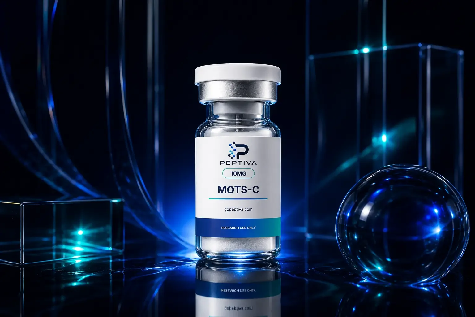 A small glass peptide vial labeled 'MOTS-C' with a white cap, standing on a reflective surface with a dark blue background and futuristic blue light reflections.