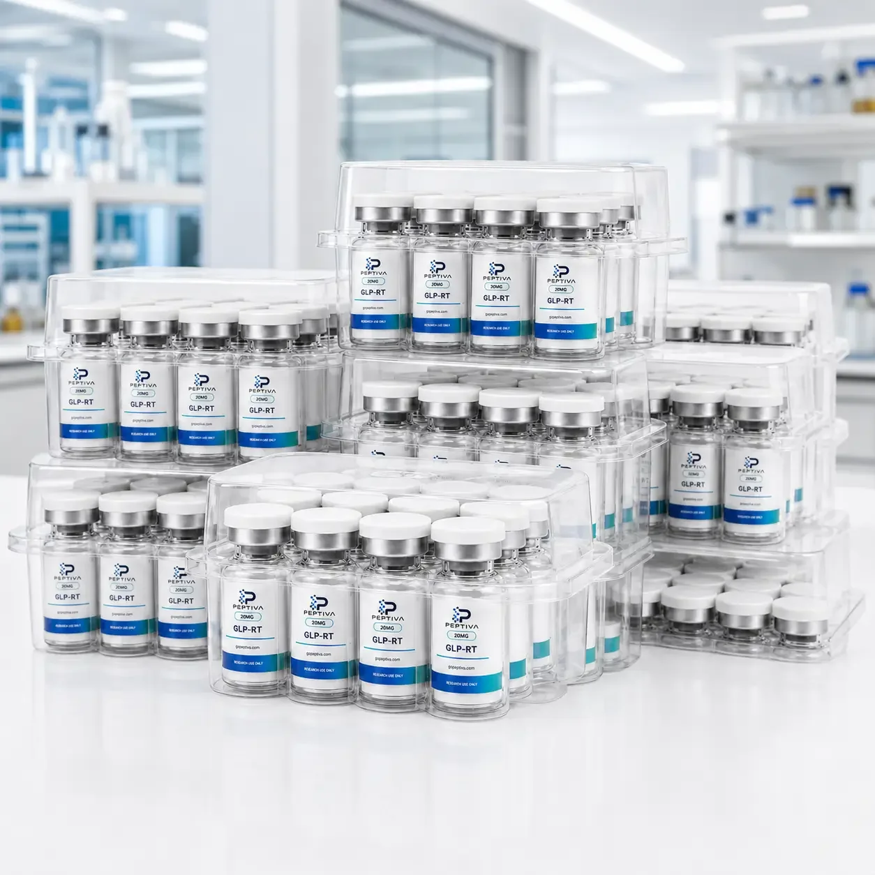 Multiple 10 vial peptide kits labeled 'Peptiva' arranged in clear plastic trays in a laboratory with shelves of similar vials in the background.