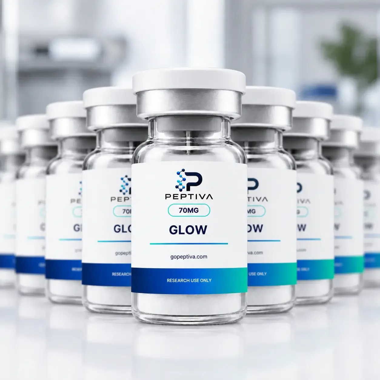 Multiple bottles of a research peptide called 'GLOW' with 70 milligrams of Peptiva, arranged on a table in a clinical or laboratory setting.