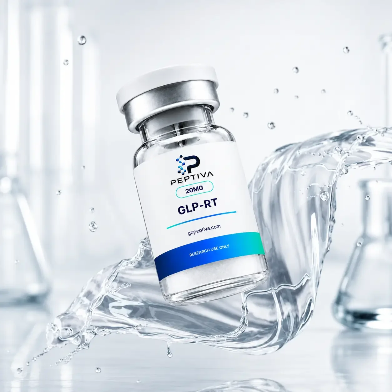 A peptide vial labeled 'PEPTIVA' with a blue and white label, floating and splashing in water, with laboratory glassware in the background.