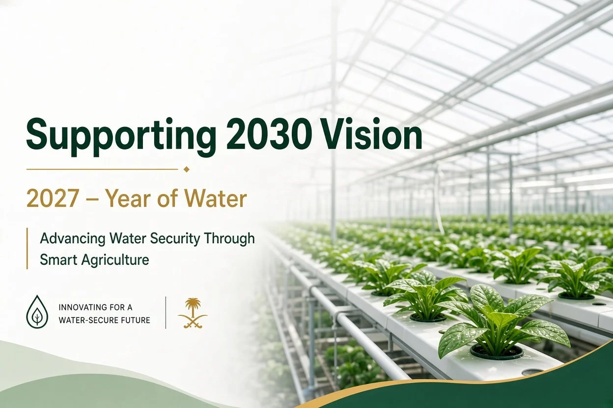 Greenhouse with rows of young plants in cultivation, supporting water security and smart agriculture for the 2030 vision.