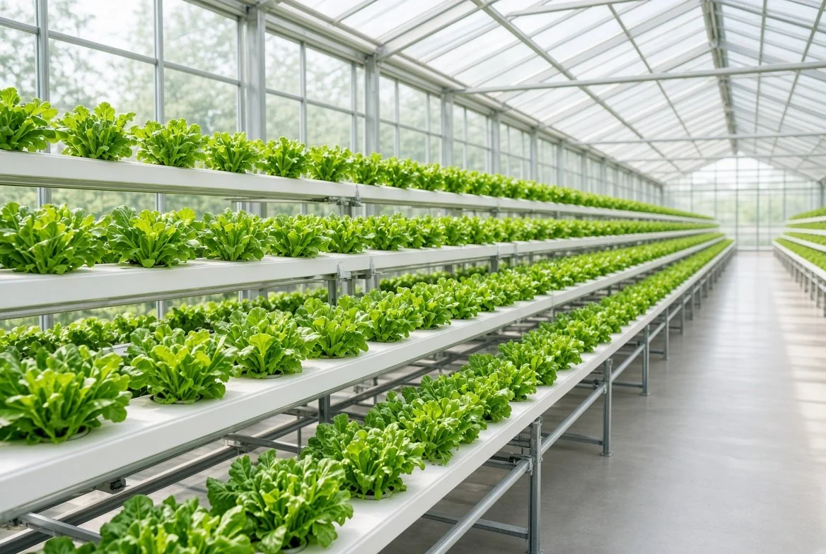 Interior of a commercial greenhouse with rows of leafy green lettuce plants growing on multi-tiered white trays.