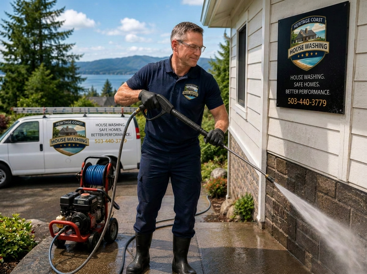 A man cleaning the exterior of a house with a pressure washer during daytime. The house has a sign and a van parked nearby also displaying a house washing company's logo and contact information. The background shows a scenic view of a lake and mountains.