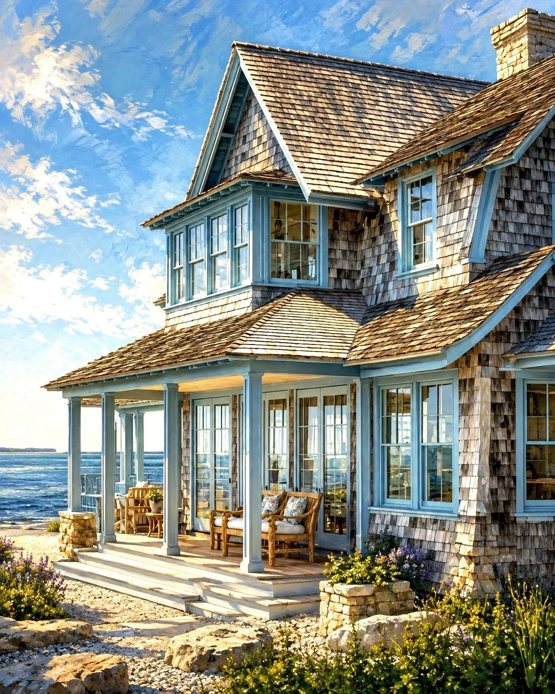 A coastal house with a wooden shingle exterior, multiple bay windows, and a porch with outdoor furniture, overlooking the ocean under a blue sky with scattered clouds.