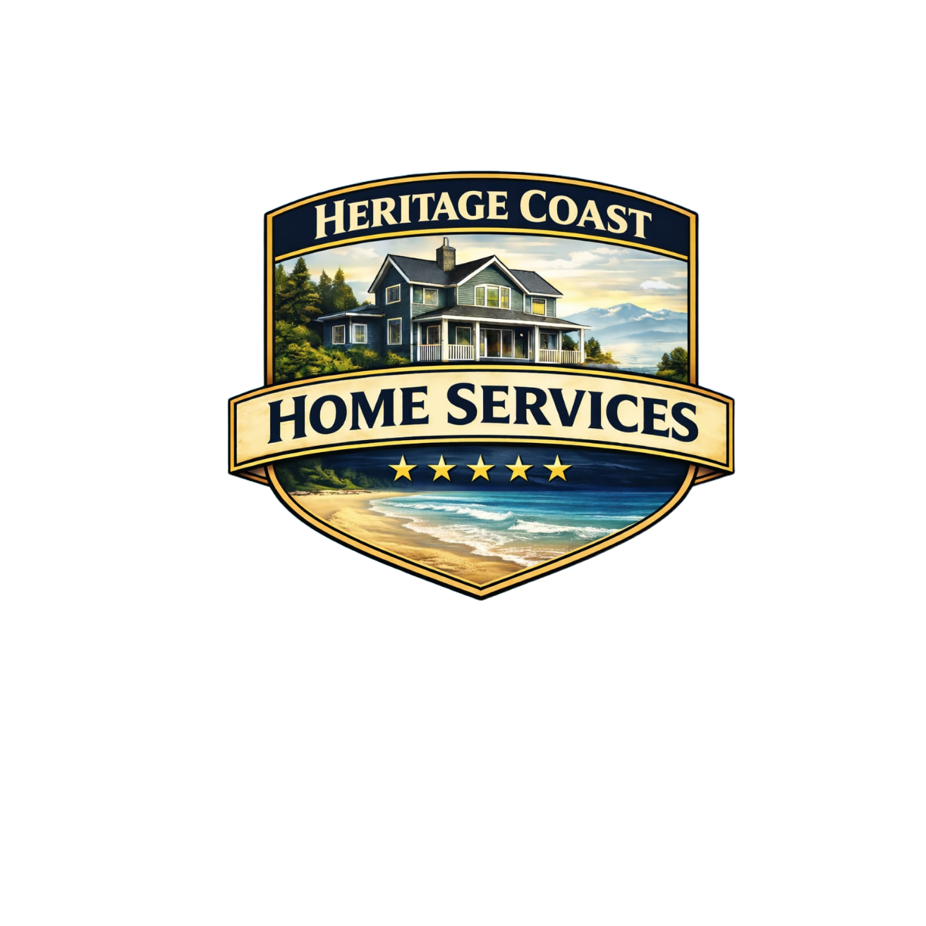 Logo for Heritage Coast Home Services featuring a large house on a hill overlooking the ocean with beach and mountains in the background, surrounded by a shield badge with text and stars.