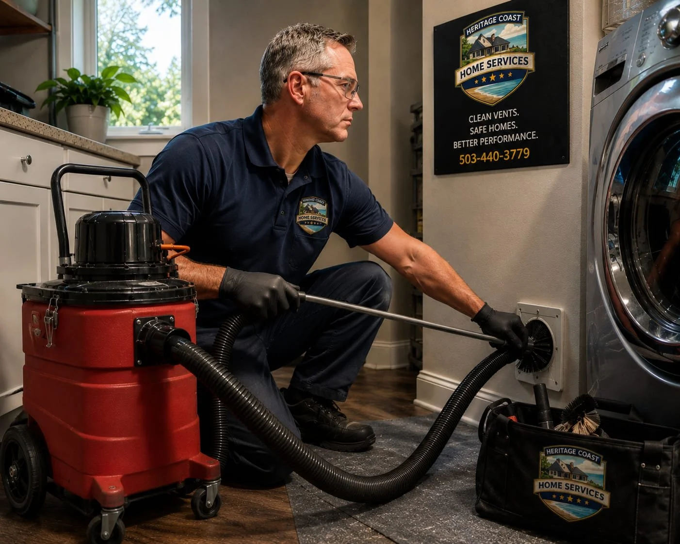 A technician cleaning a front load washing machine in a laundry room. The technician is wearing black gloves, a navy polo shirt with a company logo, glasses, and is using a vacuum to clean the machine's vent. There is a window with greenery outside, a potted plant on the counter, and a black sign on the wall for Heritage Coast Home Services with a phone number.