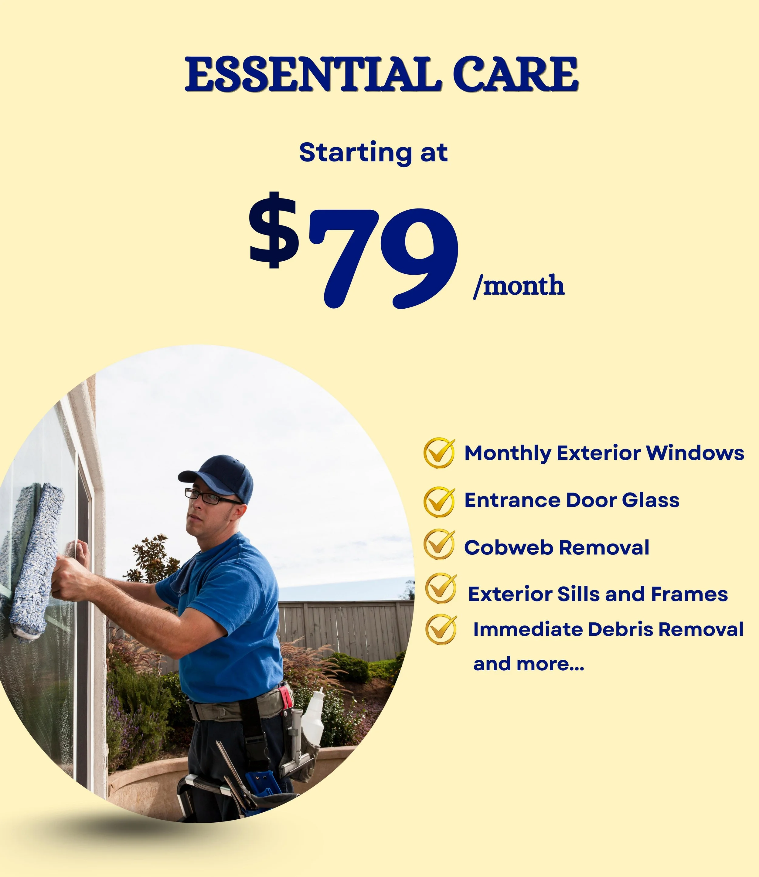 A man wearing glasses, a blue cap, and a blue shirt is cleaning a large window outside of a house. The house has a landscaped yard with plants and bushes in the background.