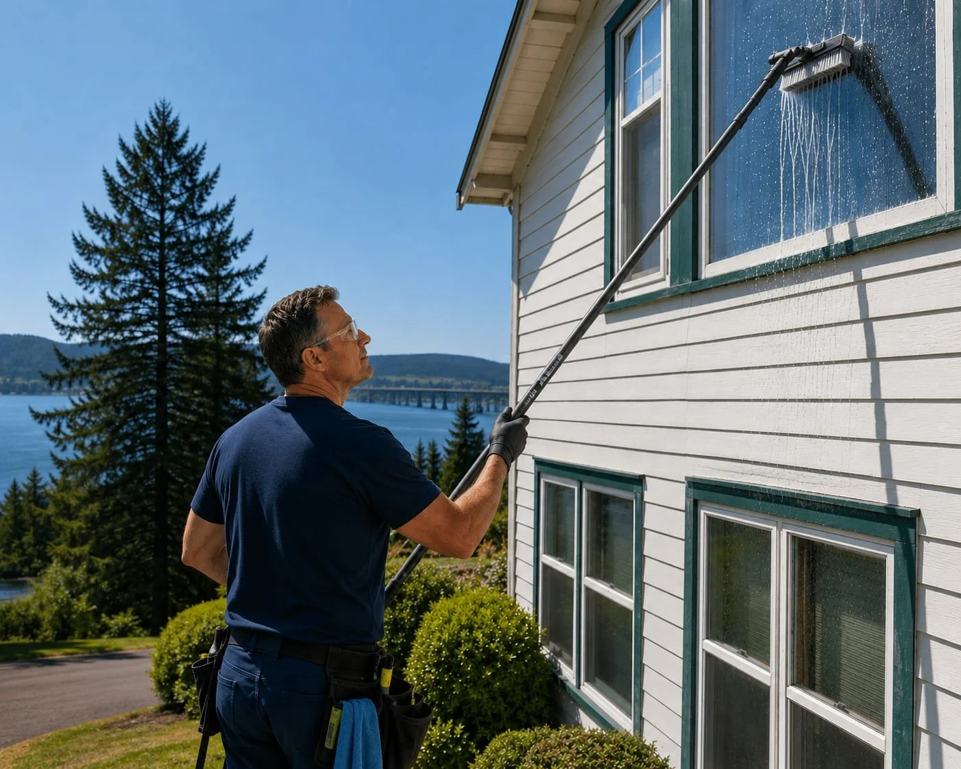 A man cleaning the exterior window of a house with a long squeegee, overlooking a scenic view of trees and a river.