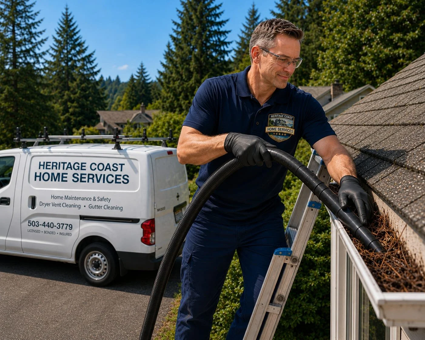A technician from Heritage Coast Home Services vacuuming gutters on a house.
