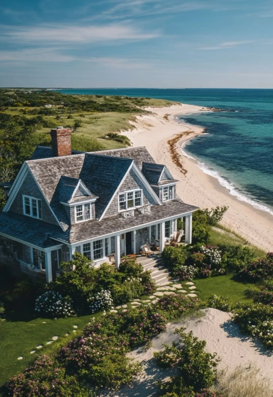 A large coastal house with a porch, surrounded by lush gardens, overlooking a sandy beach and ocean under a blue sky with wispy clouds.