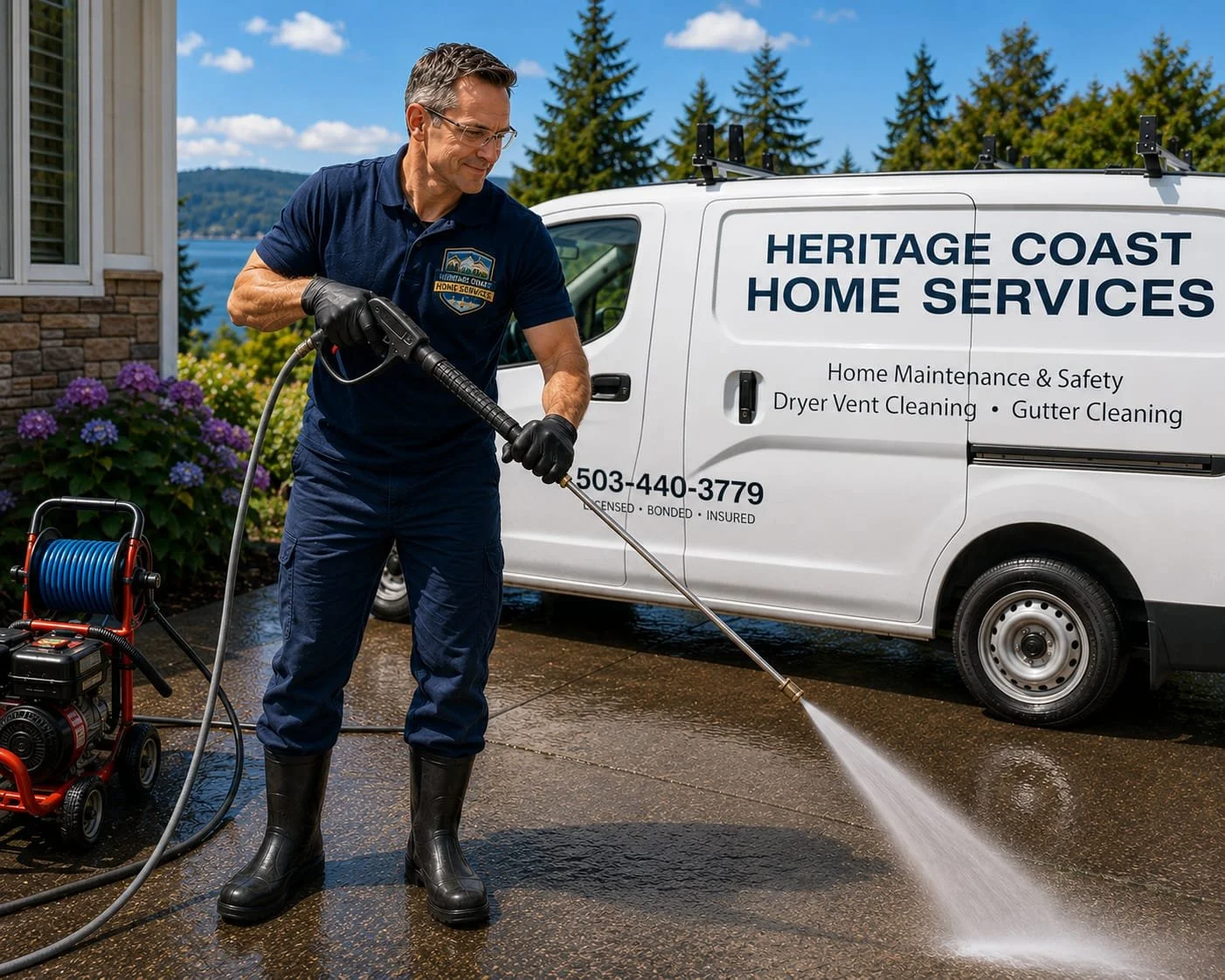 A man wearing navy uniform and black gloves power washing a driveway next to a white service van marked with 'Heritage Coast Home Services' with a phone number and list of services, against a backdrop of blue sky, trees, and a lake.