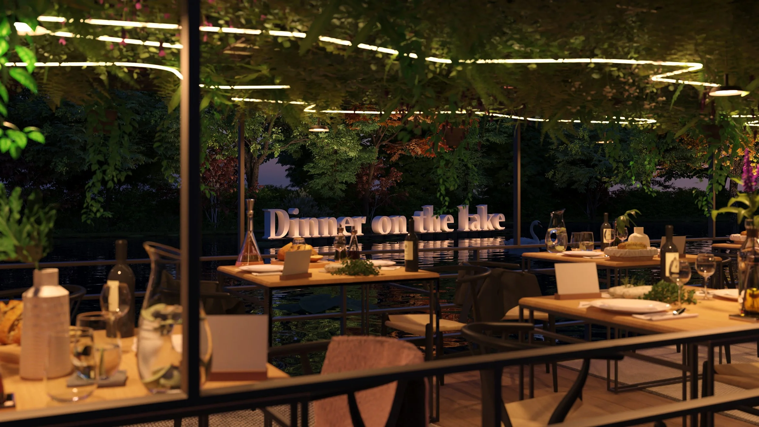Picknicktafels en wijnflessen bij een diner aan het water, verlicht door warme lampjes en omringd door groene bomen, met een bordtekst 'Dinner on the Lake' op de achtergrond.