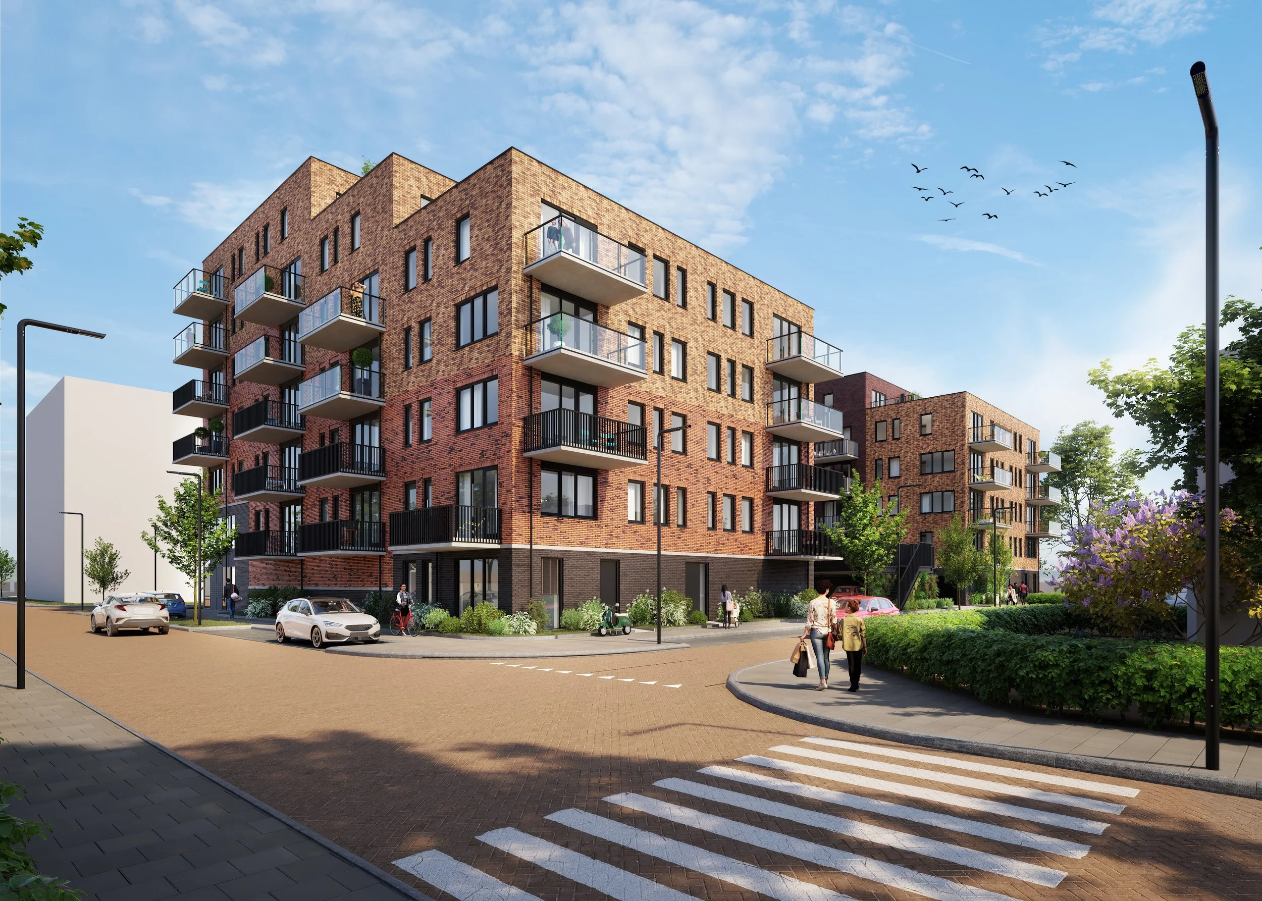 Een modern appartementencomplex met bakstenen gevel, balkonnetjes en grote ramen, gelegen in een levendige woonwijk met bomen, voetgangers en geparkeerde auto's.
