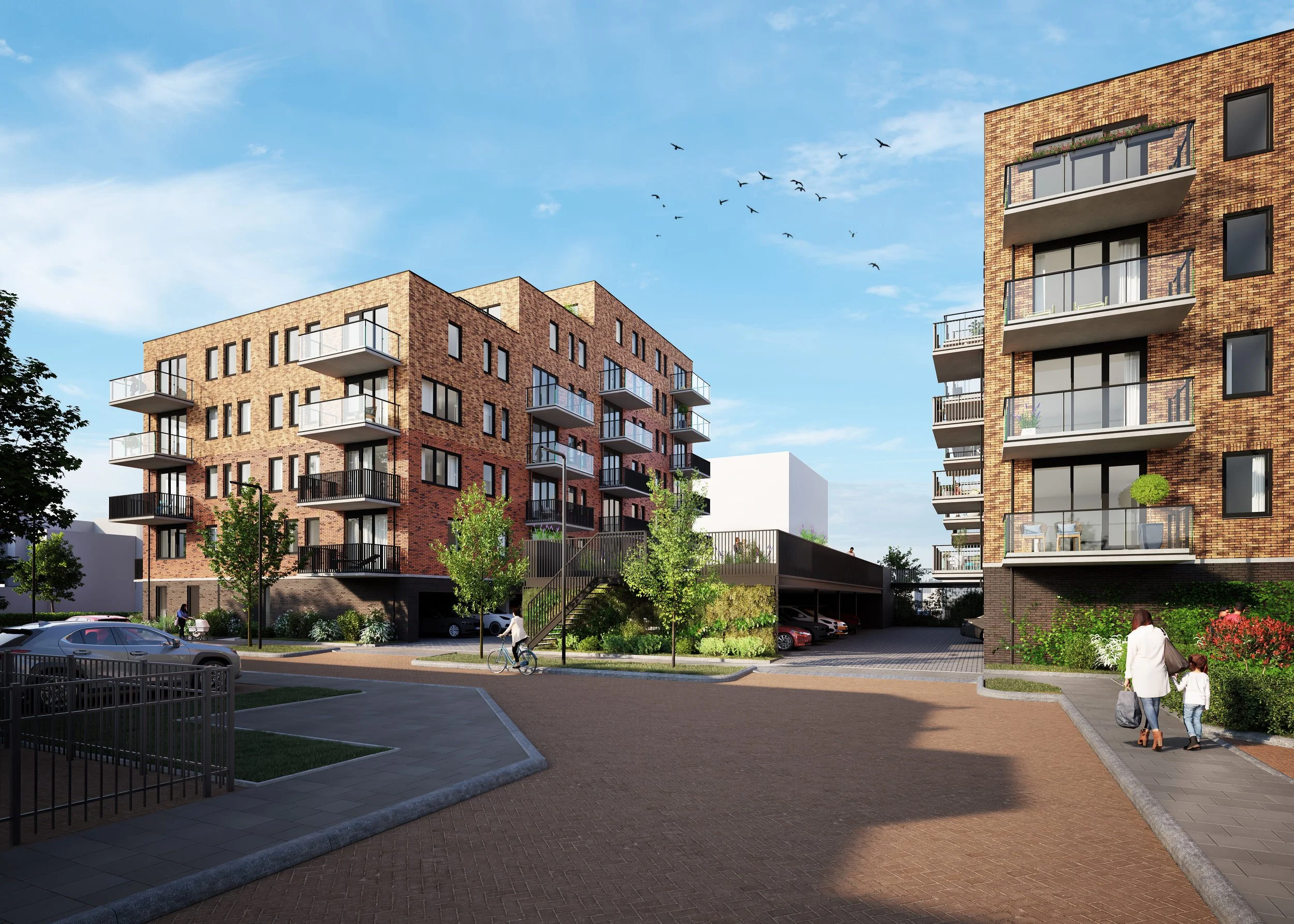 Modern appartementengebouwen met balkonnetjes, een parkeerplaats eronder en groene tuingebieden, met mensen die wandelen en fietsen, onder een blauwe hemel met vliegende vogels.