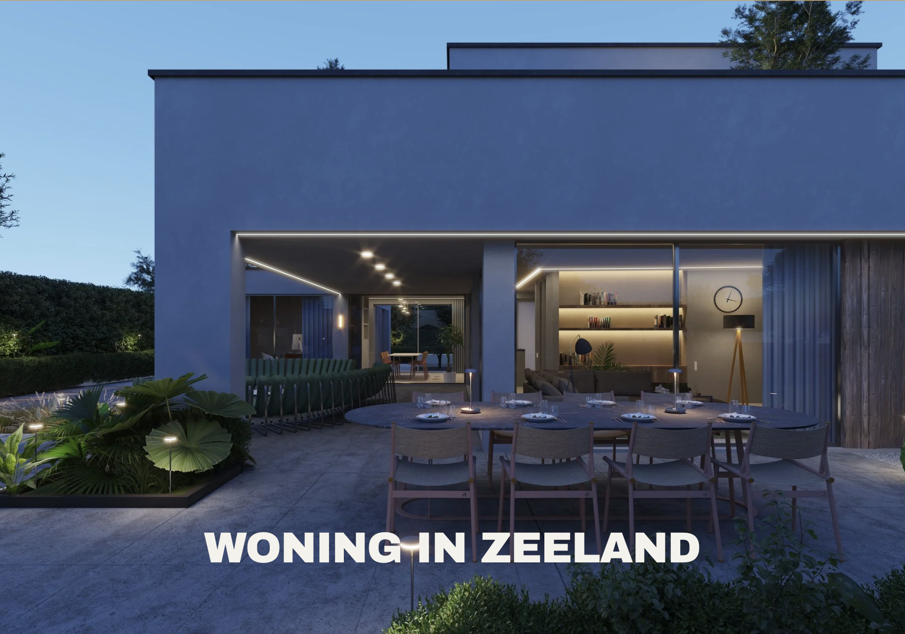 Modern huis met een buitenzitgedeelte, verlichte tuin, een eettafel met stoelen, een woonkamer met boekenplanken en een tafel met decoraties. Text overlay: 'Winning in Zeeland'.