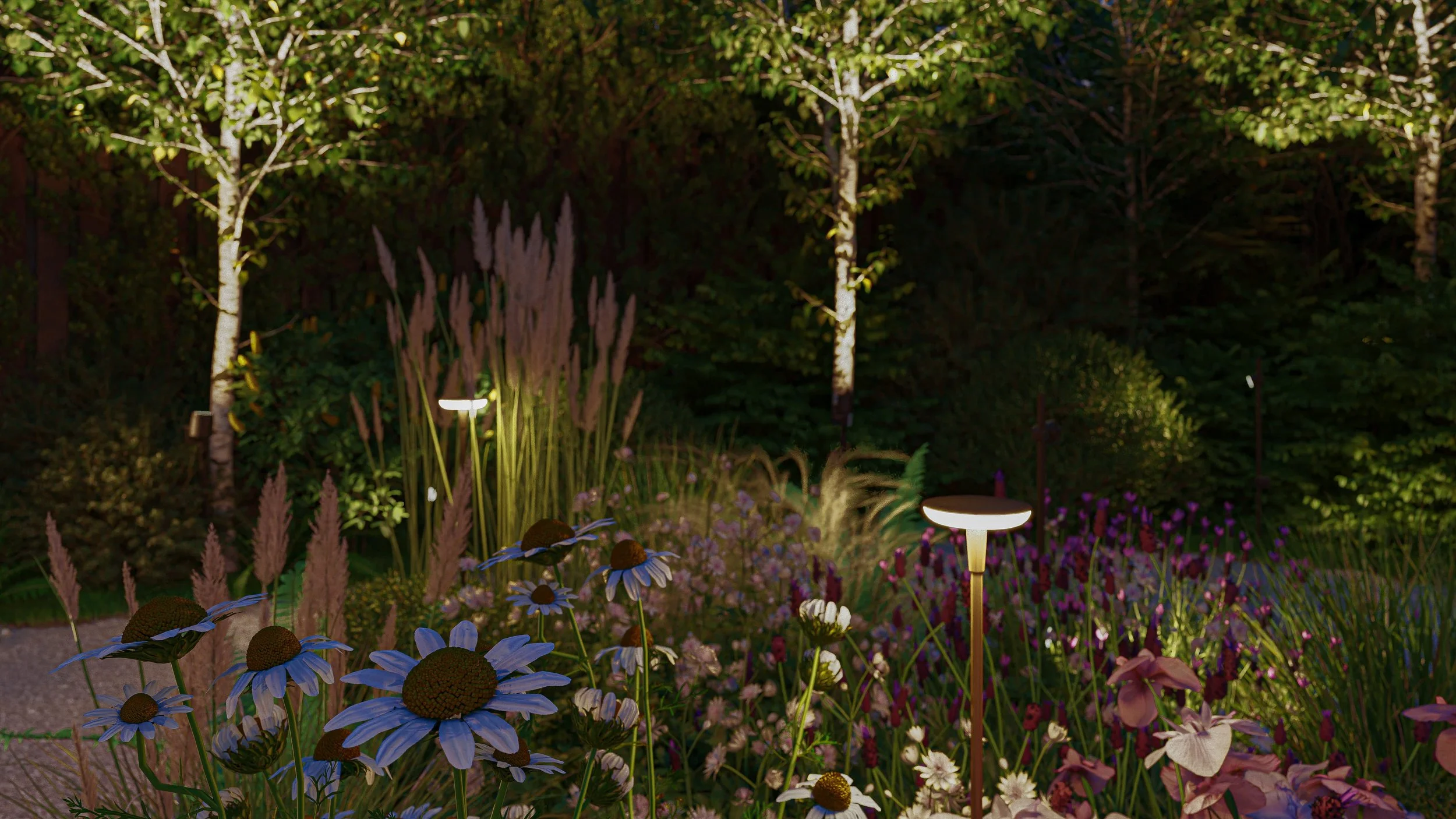Tuin verlicht met laagstaande lampen, met bloemen en planten, bomen en struiken in de achtergrond, 's avonds of nachts