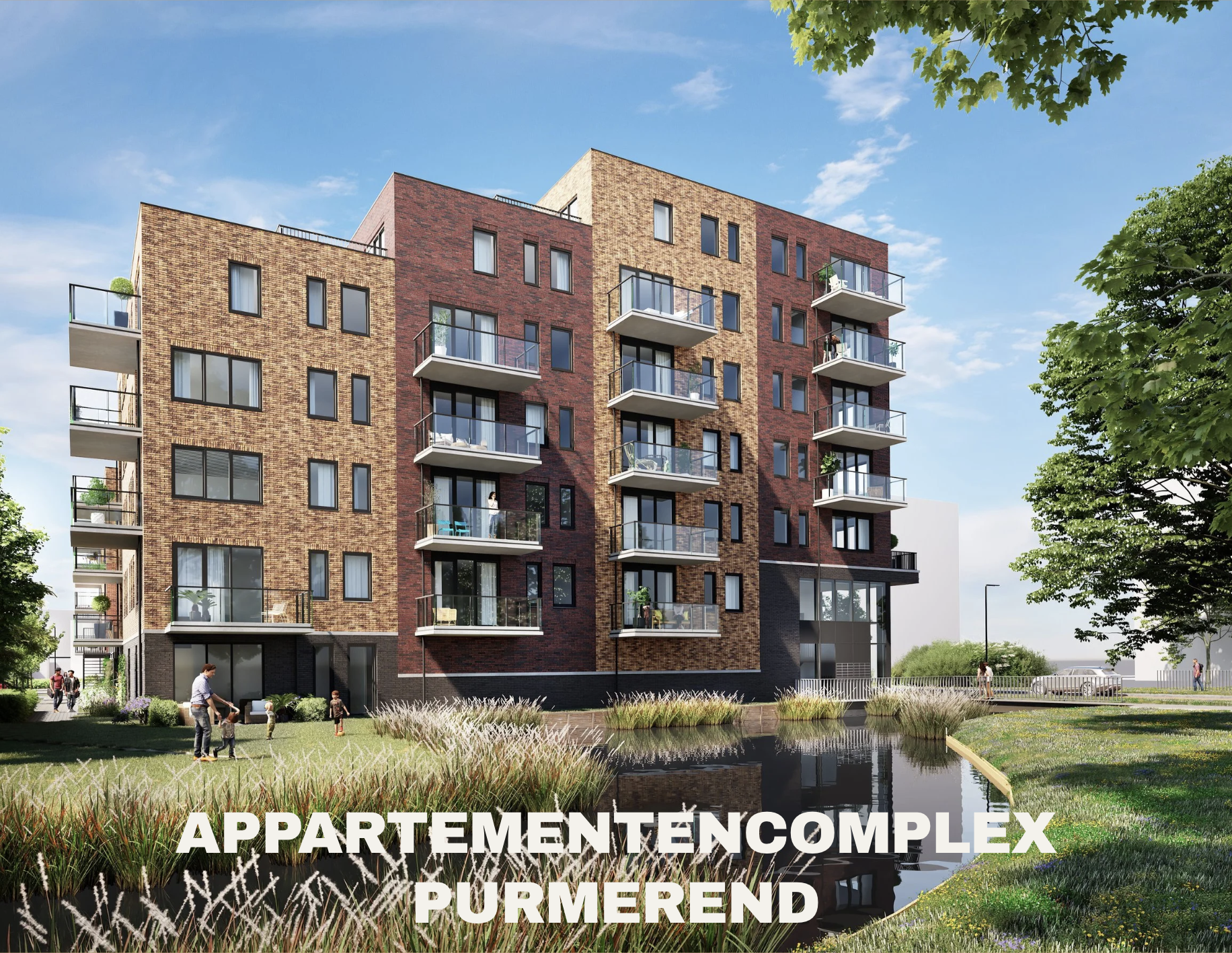 Een modern appartementsgebouw met meerdere verdiepingen en balkons, gelegen bij een waterpartij en groen landschap, met mensen die wandelen en genieten van de buitenomgeving.