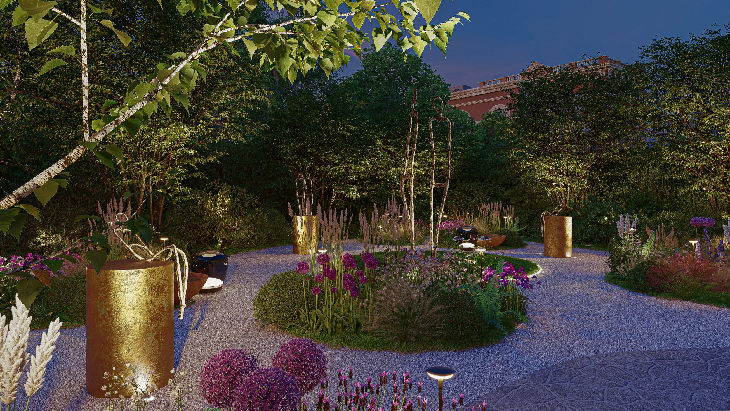 Een kunstenaarszomerbeeld van een tuin 's avonds met sculpturen, bloemen, planten en routeverlichting.