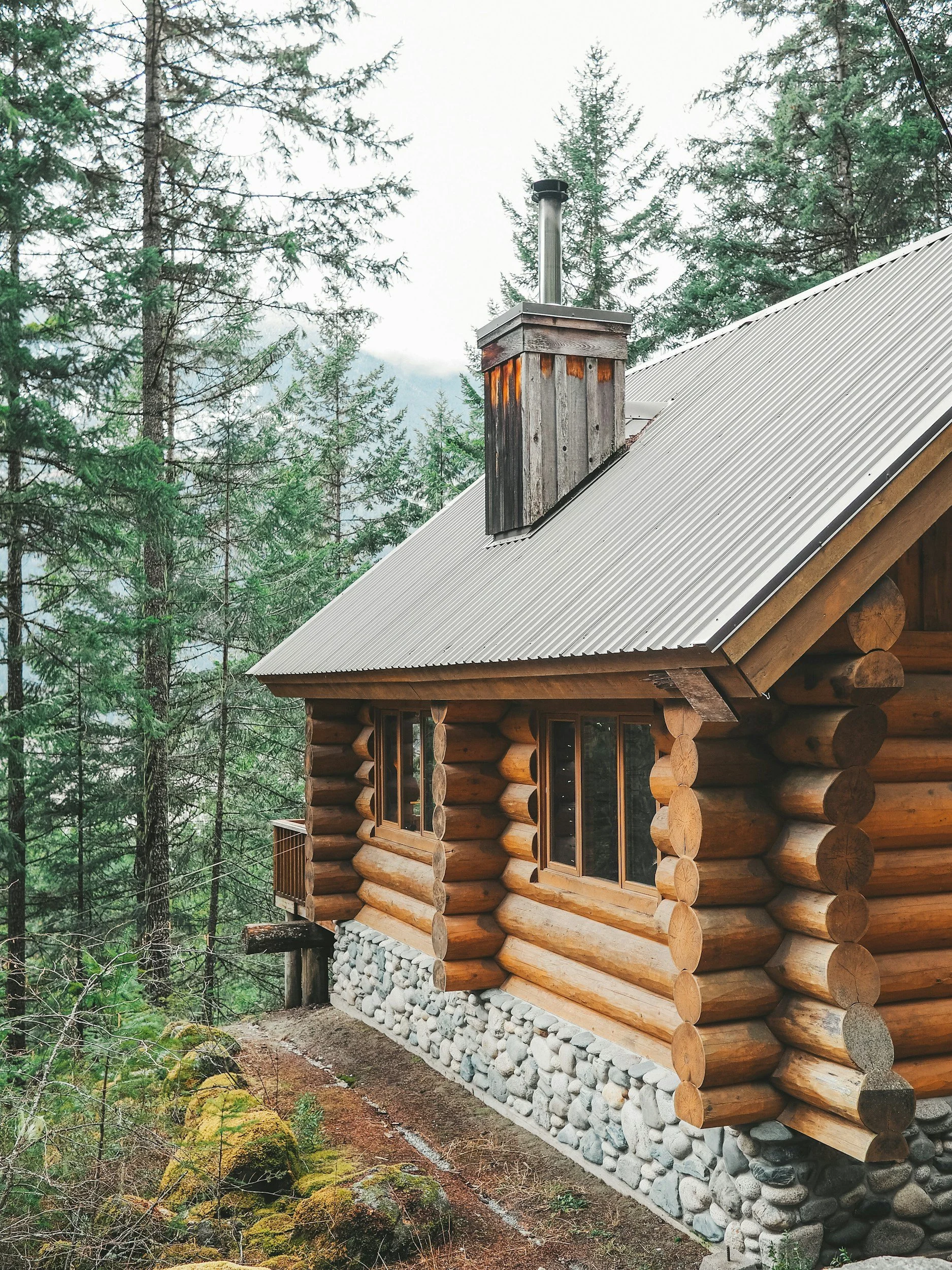 A close-up view of a wooden log cabin with a metal roof in a forest setting, showing a chimney on top of the roof surrounded by tall green pine trees.