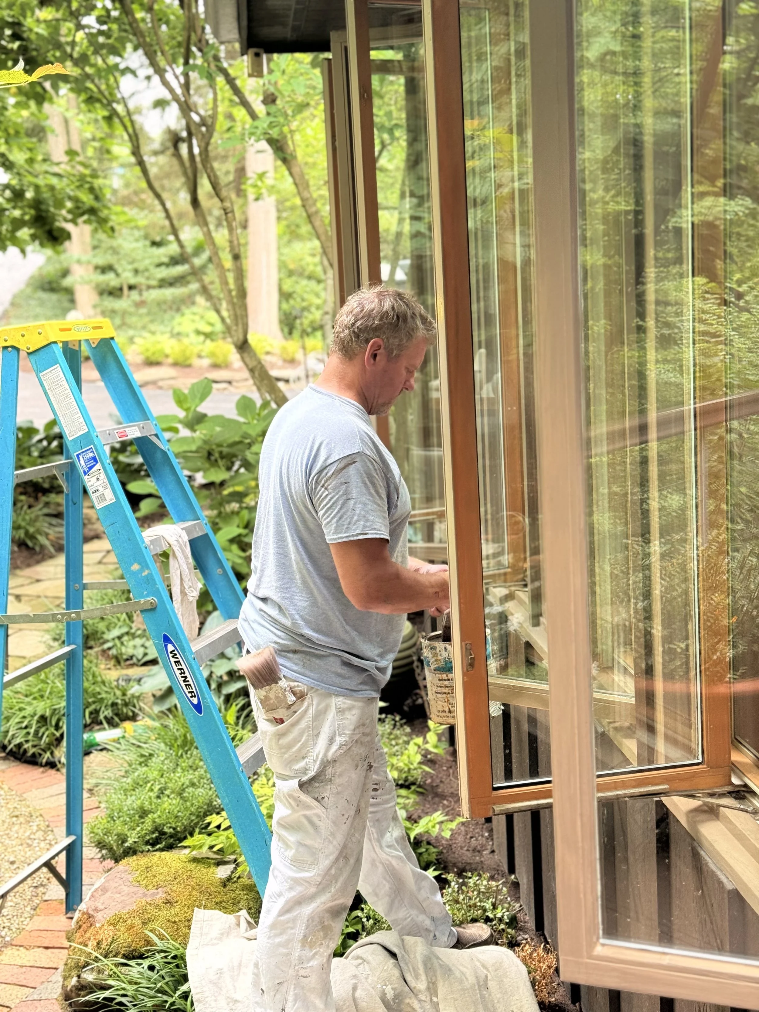 A man working on the frame of a wooden and glass window in an outdoor garden, with a blue ladder nearby and greenery in the background.