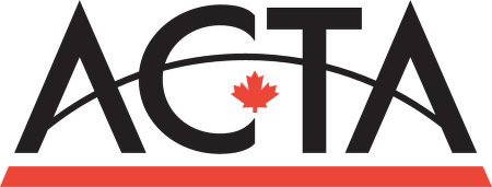 The logo of ACTA with stylized black letters, a red maple leaf in the center, and a red underline.