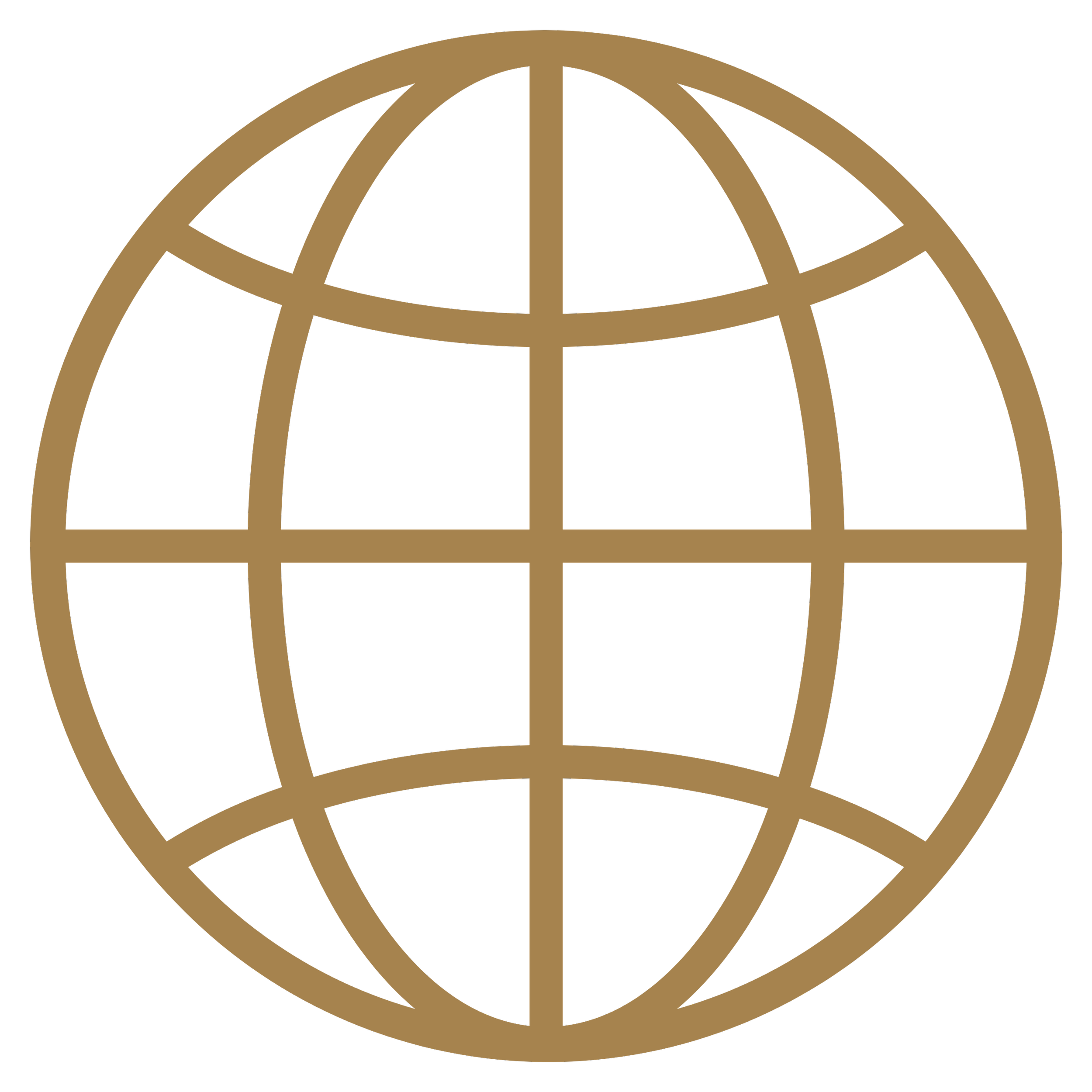 Gold-colored globe outline on a black background.
