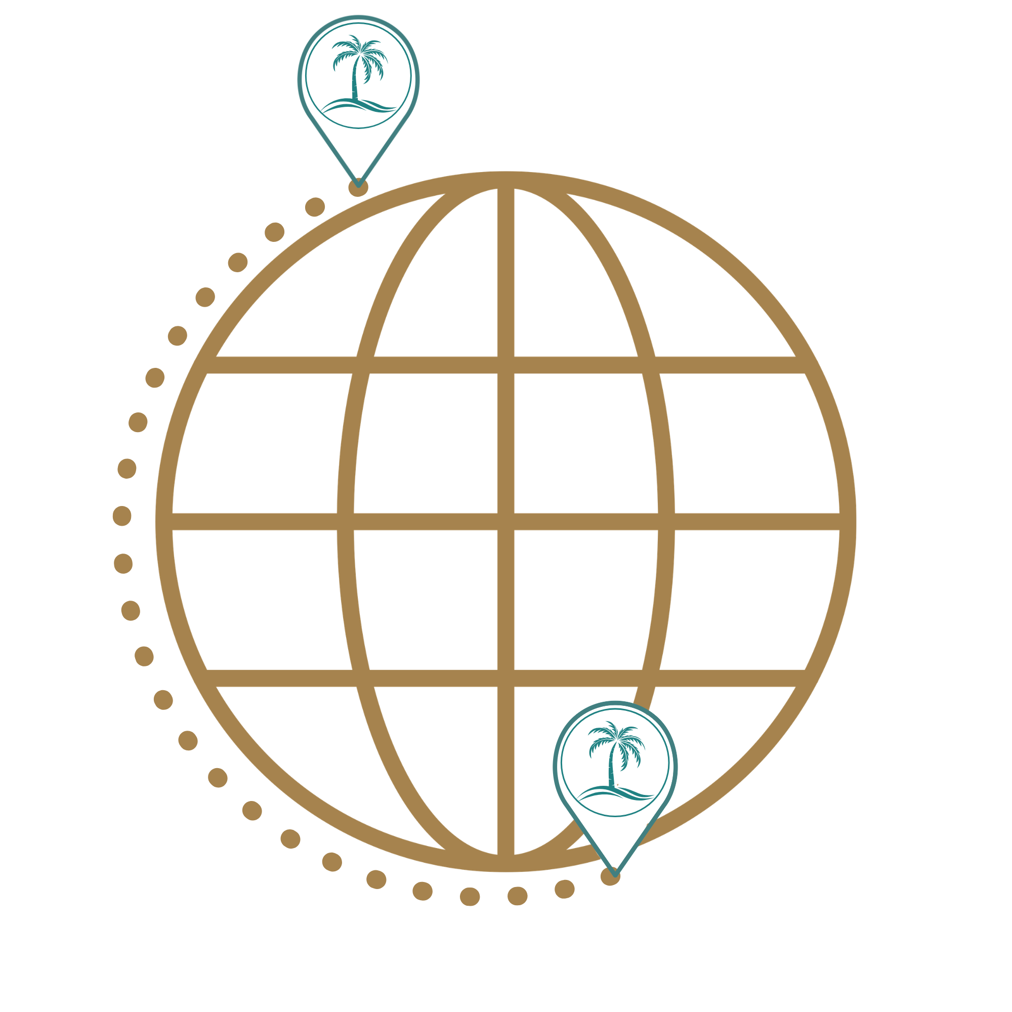 A globe with a brown grid pattern and two palm trees inside circular frames indicating tropical locations.