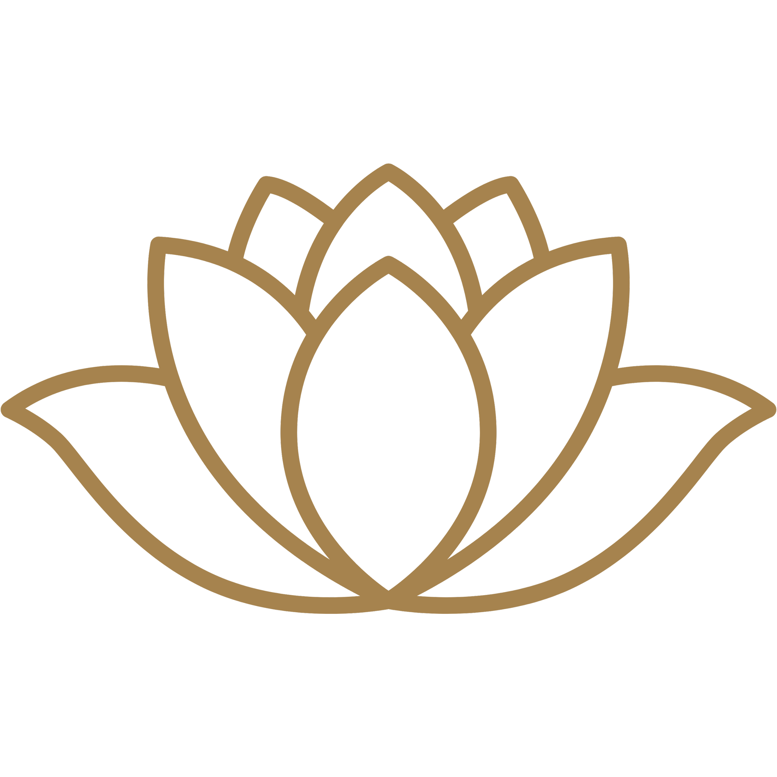Gold-colored lotus flower logo on a black background.