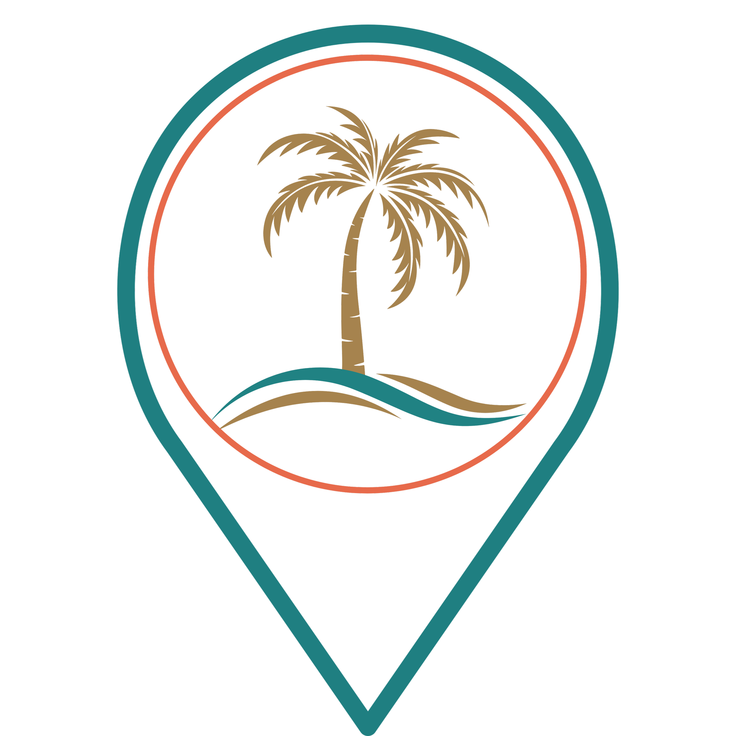 Neon sign of a palm tree inside a circular outline with colorful rings on a black background.