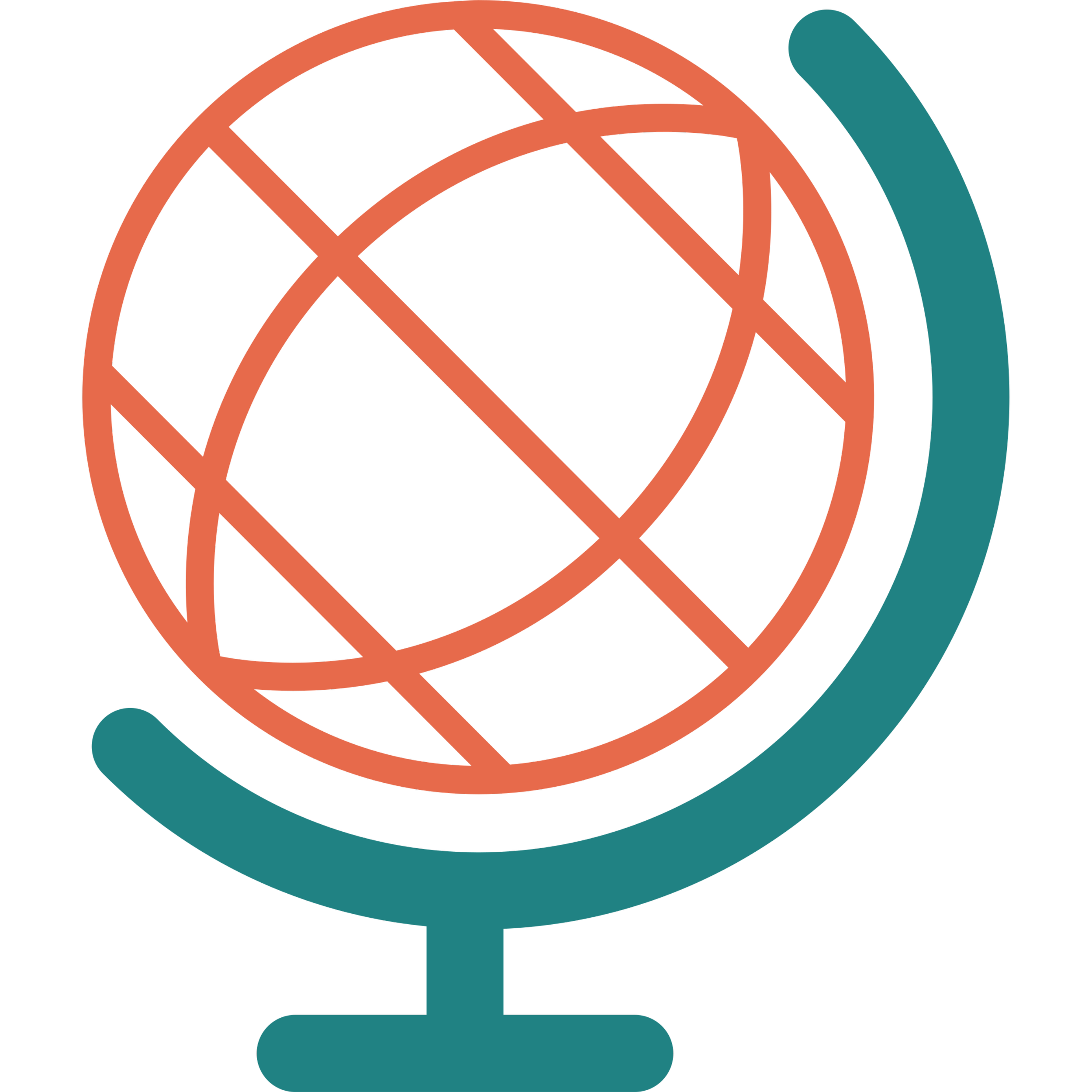 A stylized icon of a globe atop a stand, with a curved line wrapping around it. The globe and stand are in teal, and the globe's grid lines are in coral. The background is black.