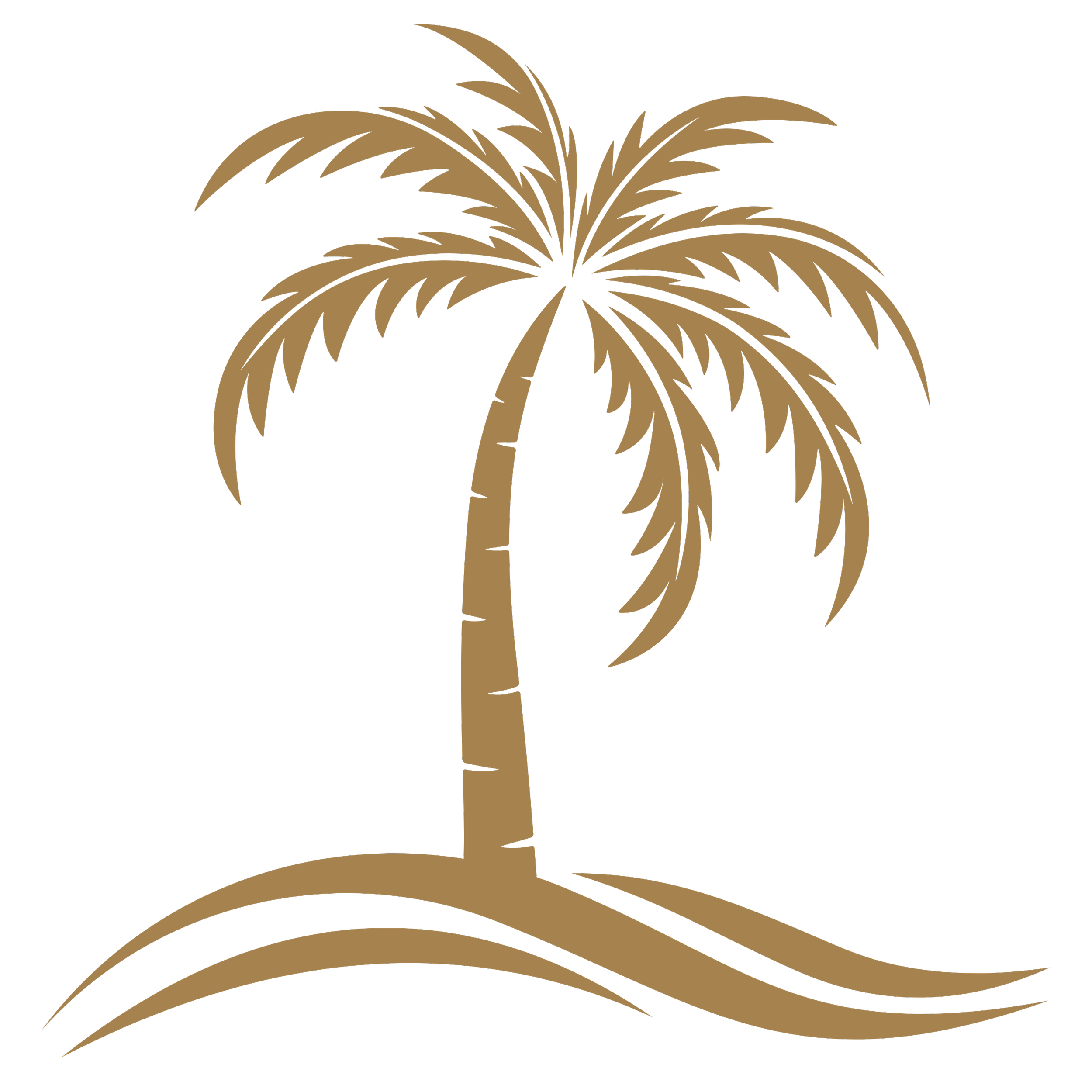 A stylized gold palm tree silhouette on a black background.