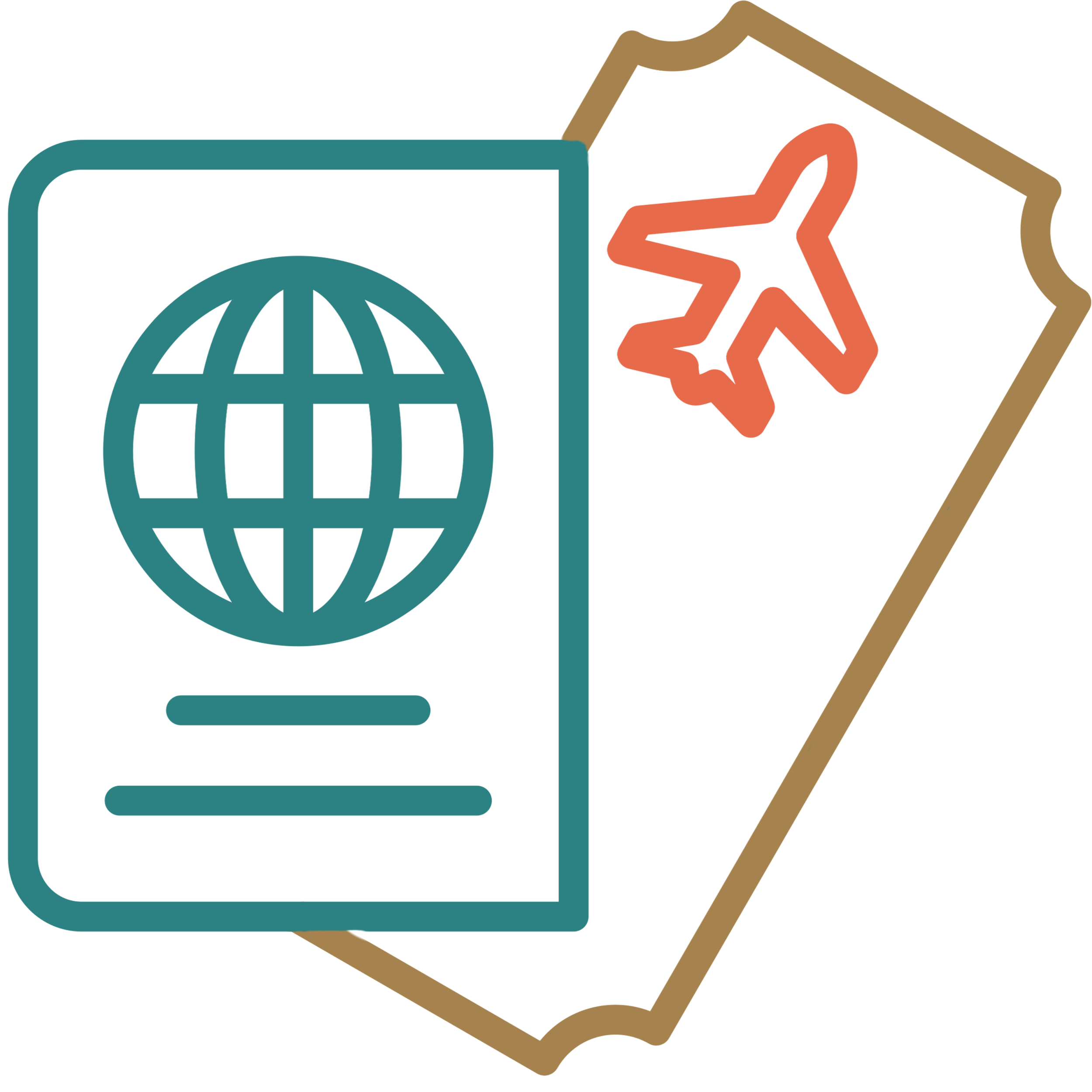 A digital illustration featuring a globe icon inside a square with rounded edges, a stylized star, and a globe with latitude and longitude lines. The design uses teal, red, orange, and tan colors.