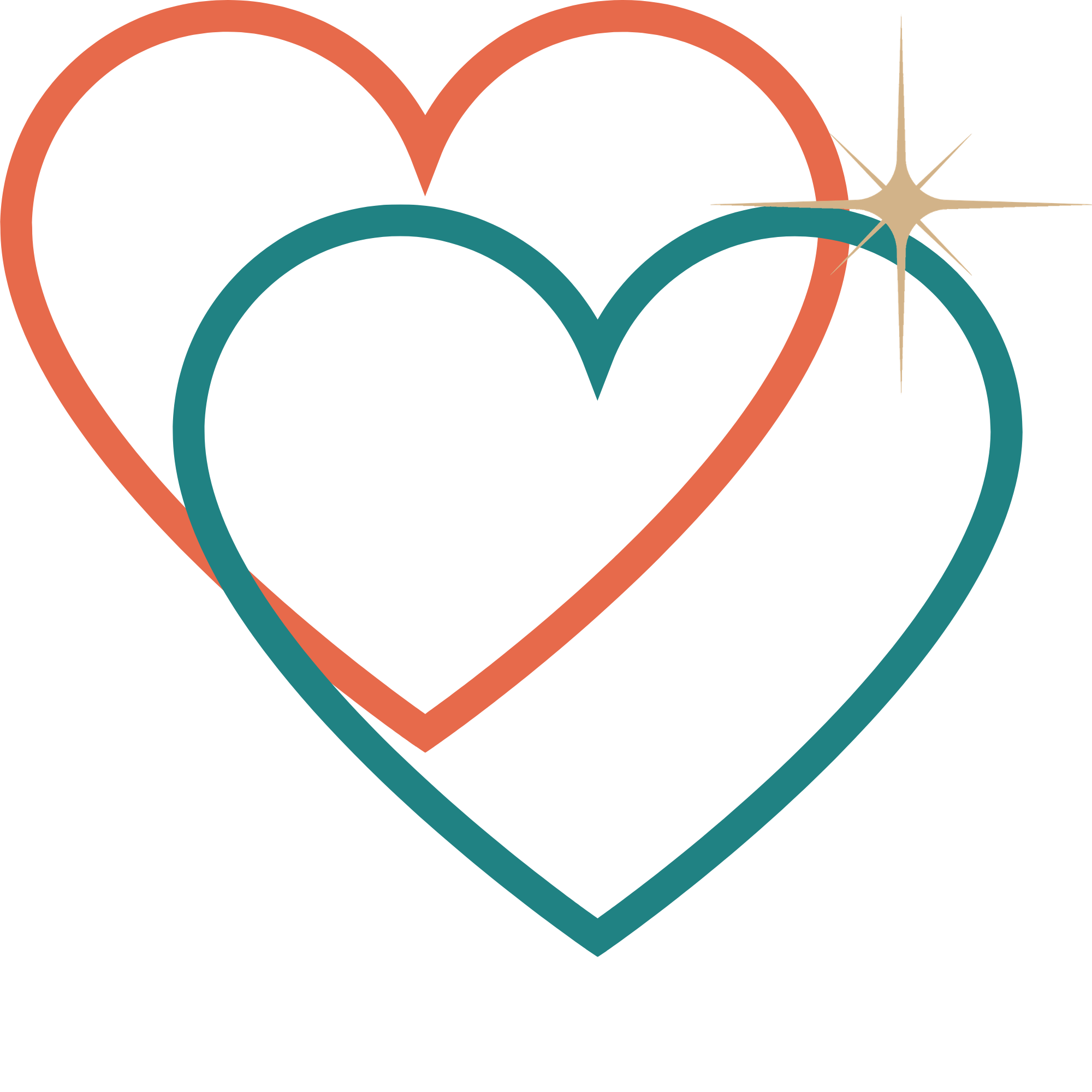 Two overlapping hearts, one orange and one teal, with a sparkly star or burst near the right side of the hearts.