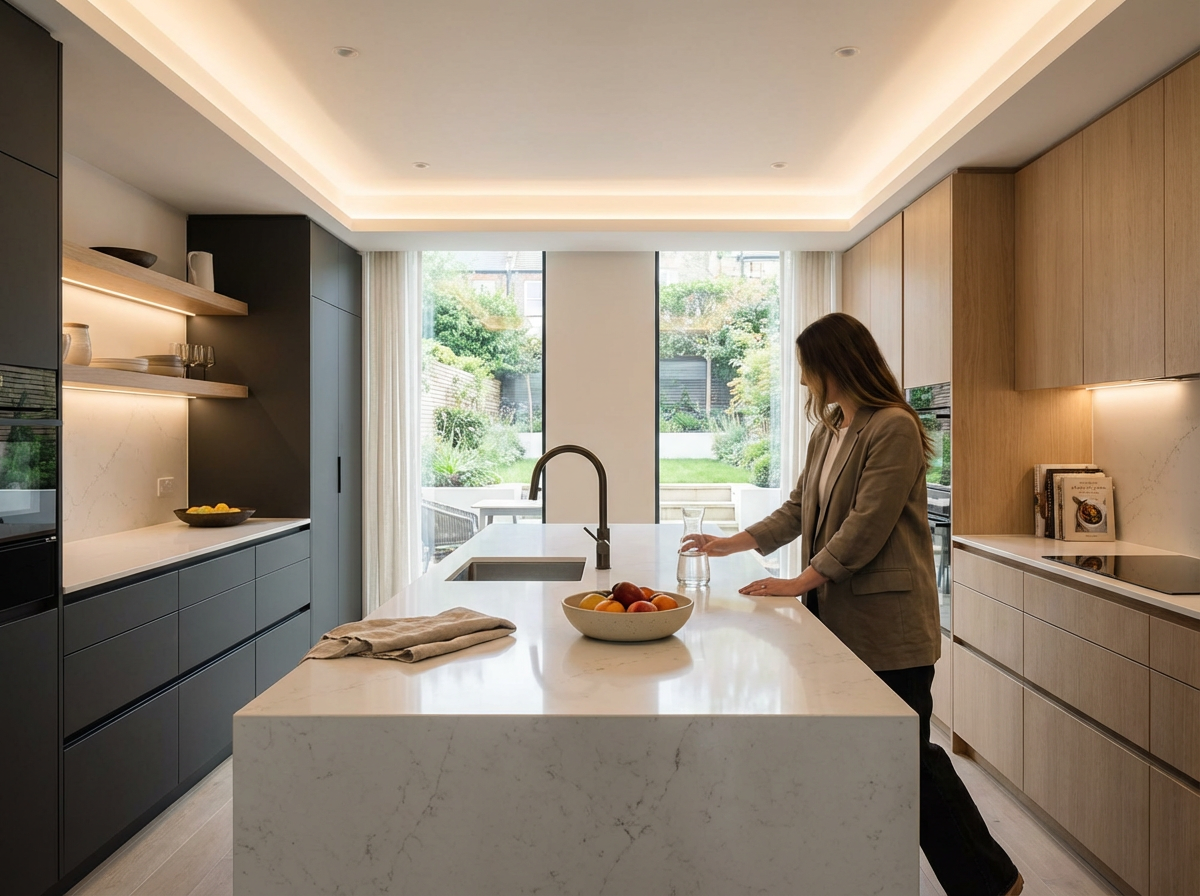 A woman standing at a white marble kitchen island with a bowl of fruit, pouring water into a glass, in a modern kitchen with large windows finding a backyard garden.